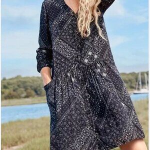 Garnet Hill Dress 4 Black Print Long Sleeve Button Front Pockets Drop Waist